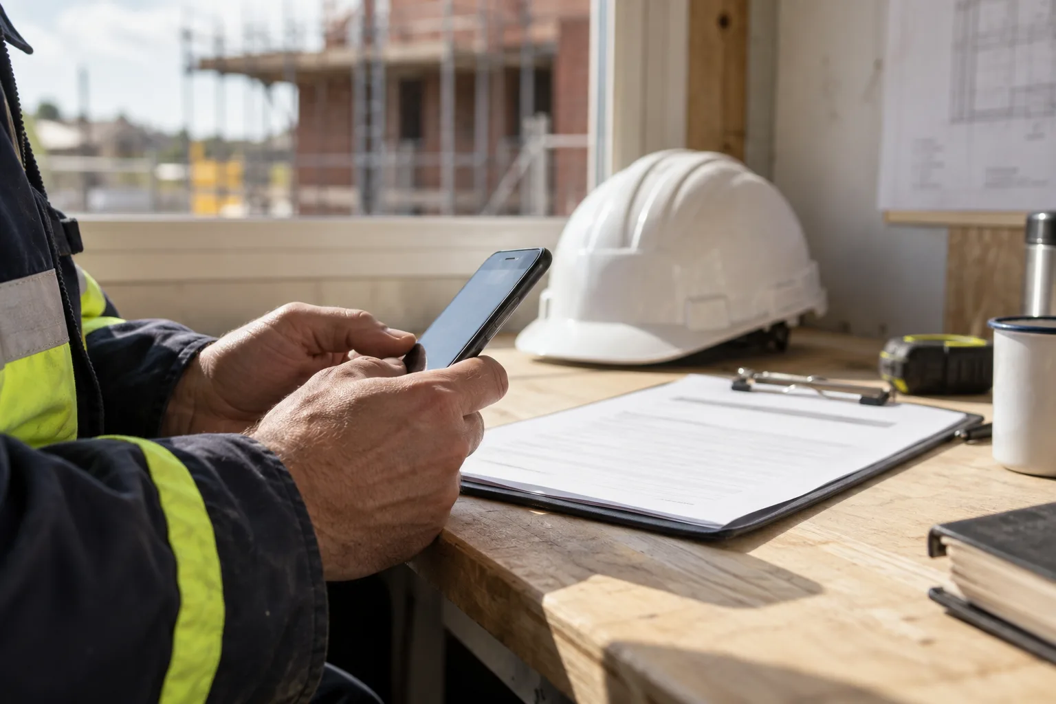 Illustration of a contractor using a smartphone beside their paperwork in a site cabin