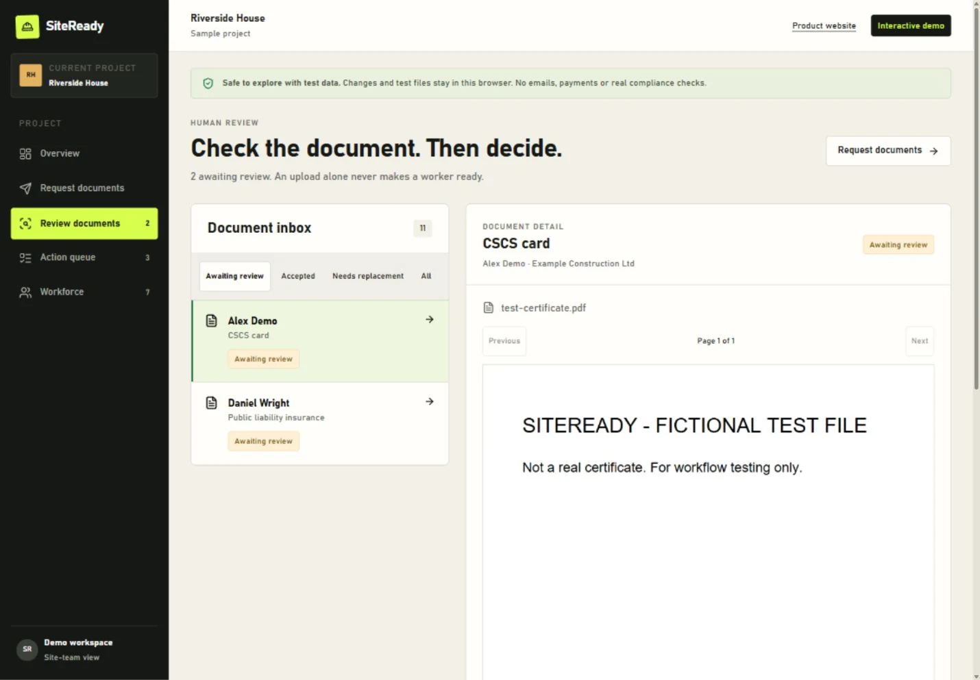 SiteReady evidence review demo showing submissions, document details and review actions
