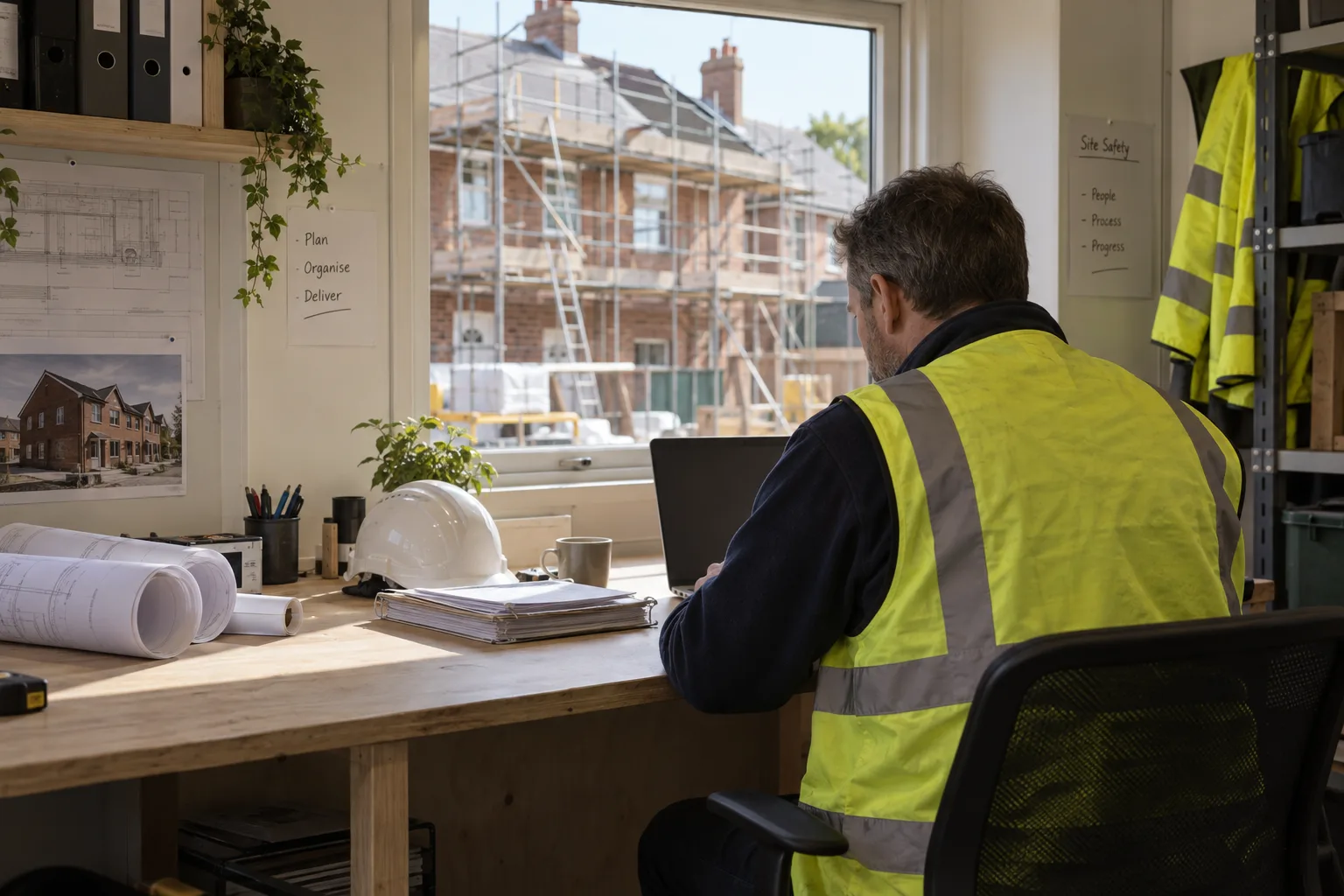 Illustration of a site manager reviewing paperwork in a UK construction site office