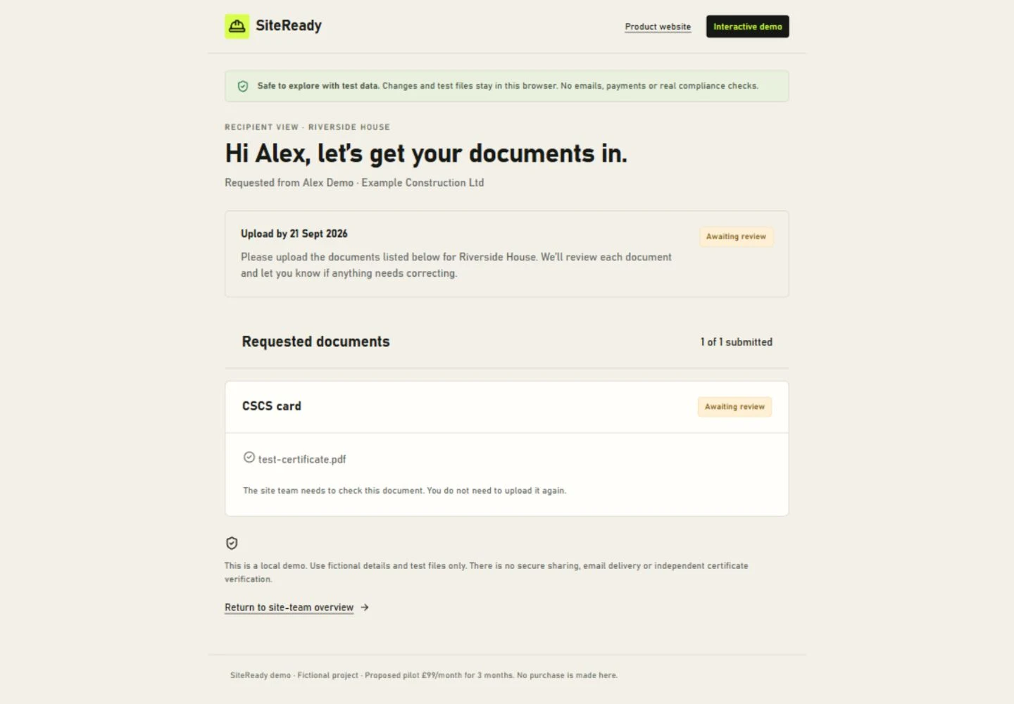 SiteReady recipient demo with a checklist for insurance and training documents